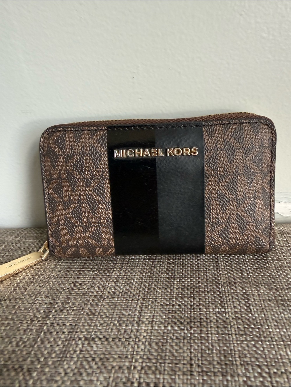 Michael Kors Brown MK Signature Zip Wallet with Black Patent Center